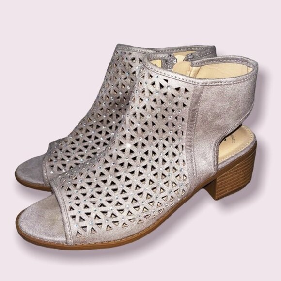 SO Rhinestone Heeled Sandals Open Toe Taupe Grey Block Heel Womens Size 5 - Picture 3 of 7